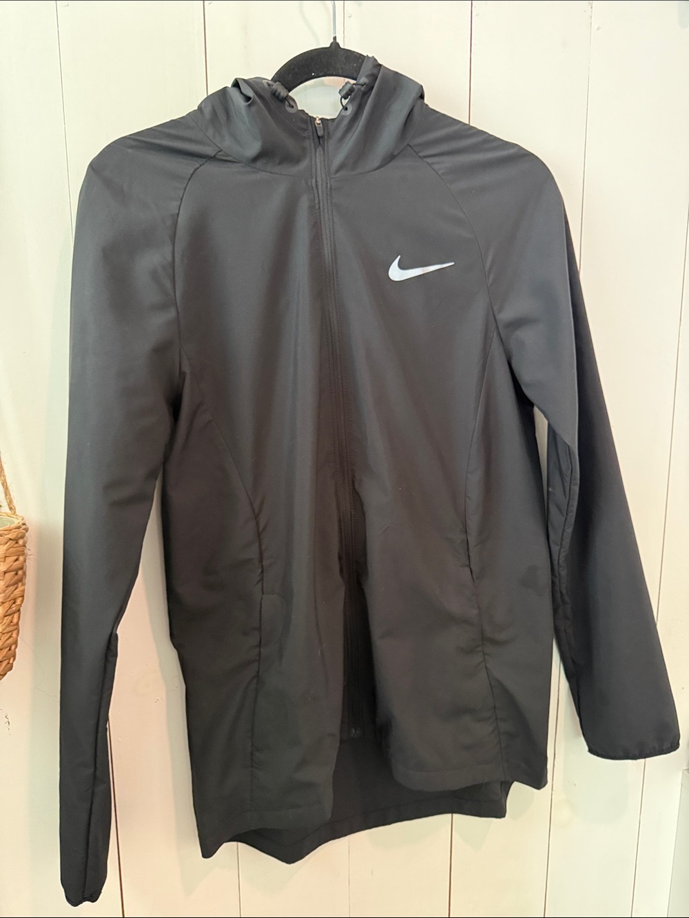 Nike Black Hooded Running Zip-Up Jacket with White Swoosh